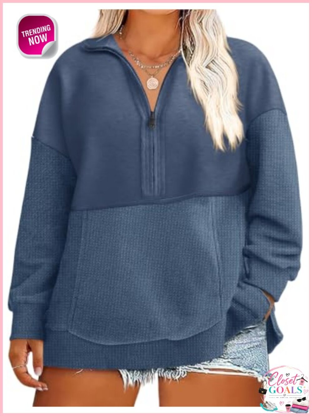 Plus Size Quarter Zip Sweatshirt Waffle Knit Pullover Loose Fit